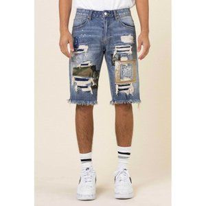 FIRST ROW CASUAL PANTS SHORT SUMER CAMO&TWILL PATCHED RIP&REPAIRED DENIM SHORTS